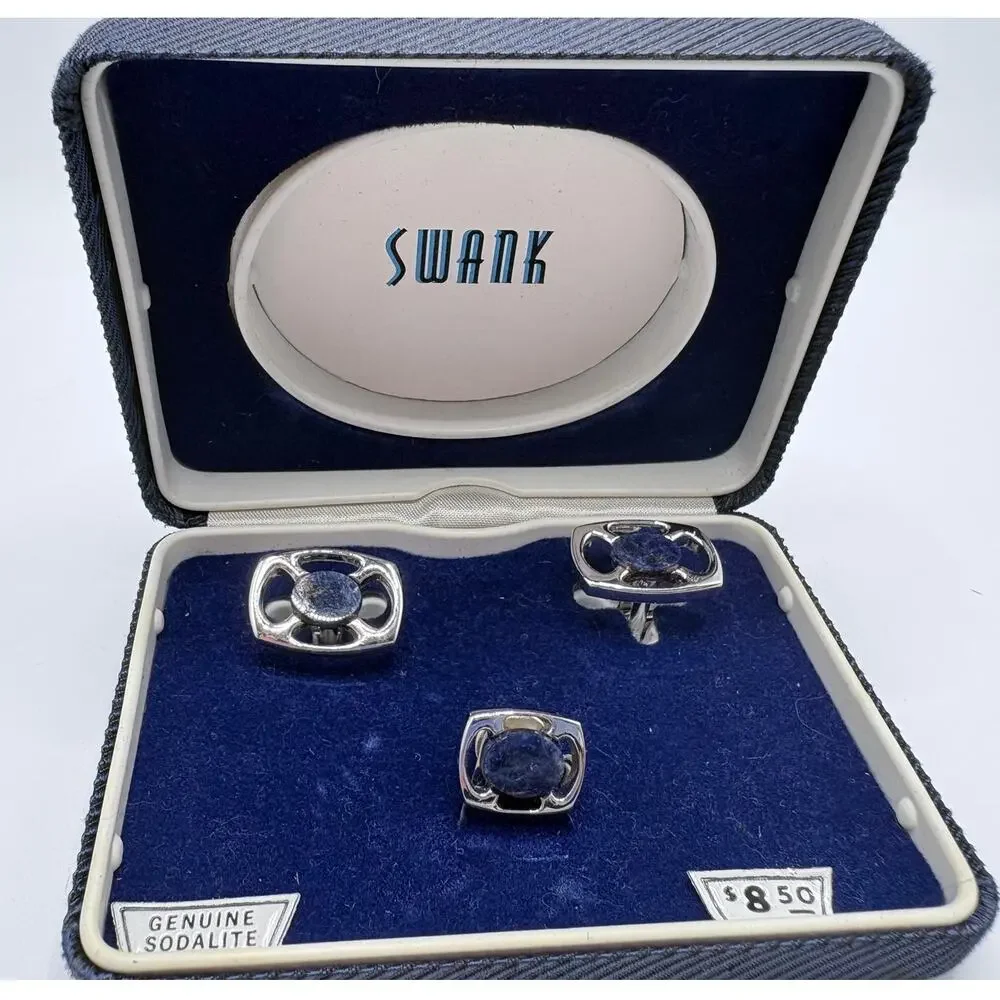 Vintage Swank Silver-Tone and Sodalite Agate Cufflinks and Tie Tack